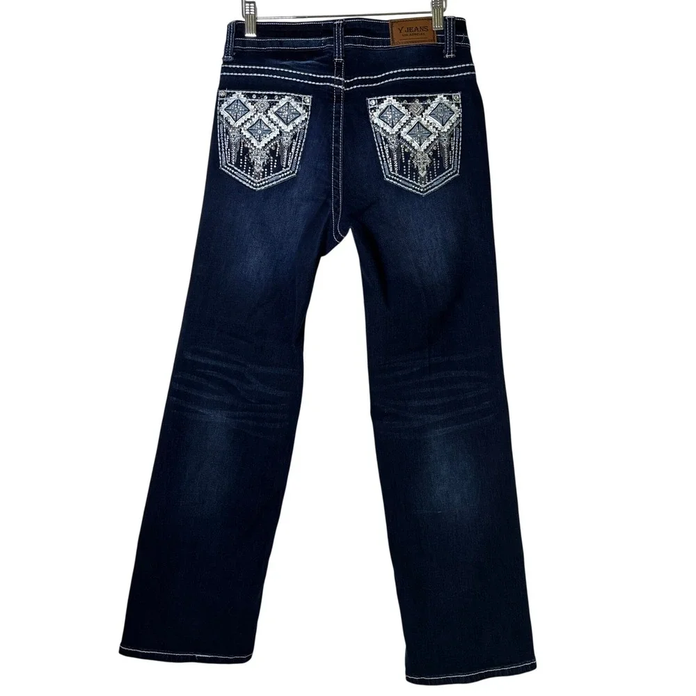 Y Jeans Los Angeles Straight Leg Jeans Womens 9/10 Dark‎ Wash Embroidered Bling